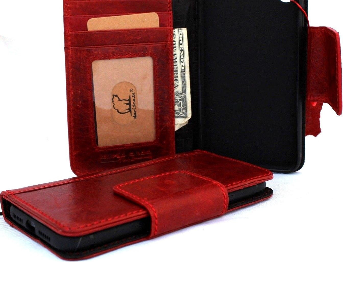 Red genuine leather iPhone XS case with card slots, magnet closure, slim vintage design, handmade wallet cover by Daviscase