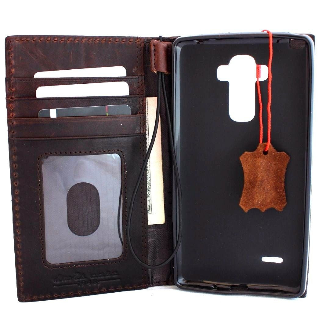Vintage genuine leather phone case for LG G Stylo, handmade slim wallet cover with magnetic closure, luxury leather craftsmanship.