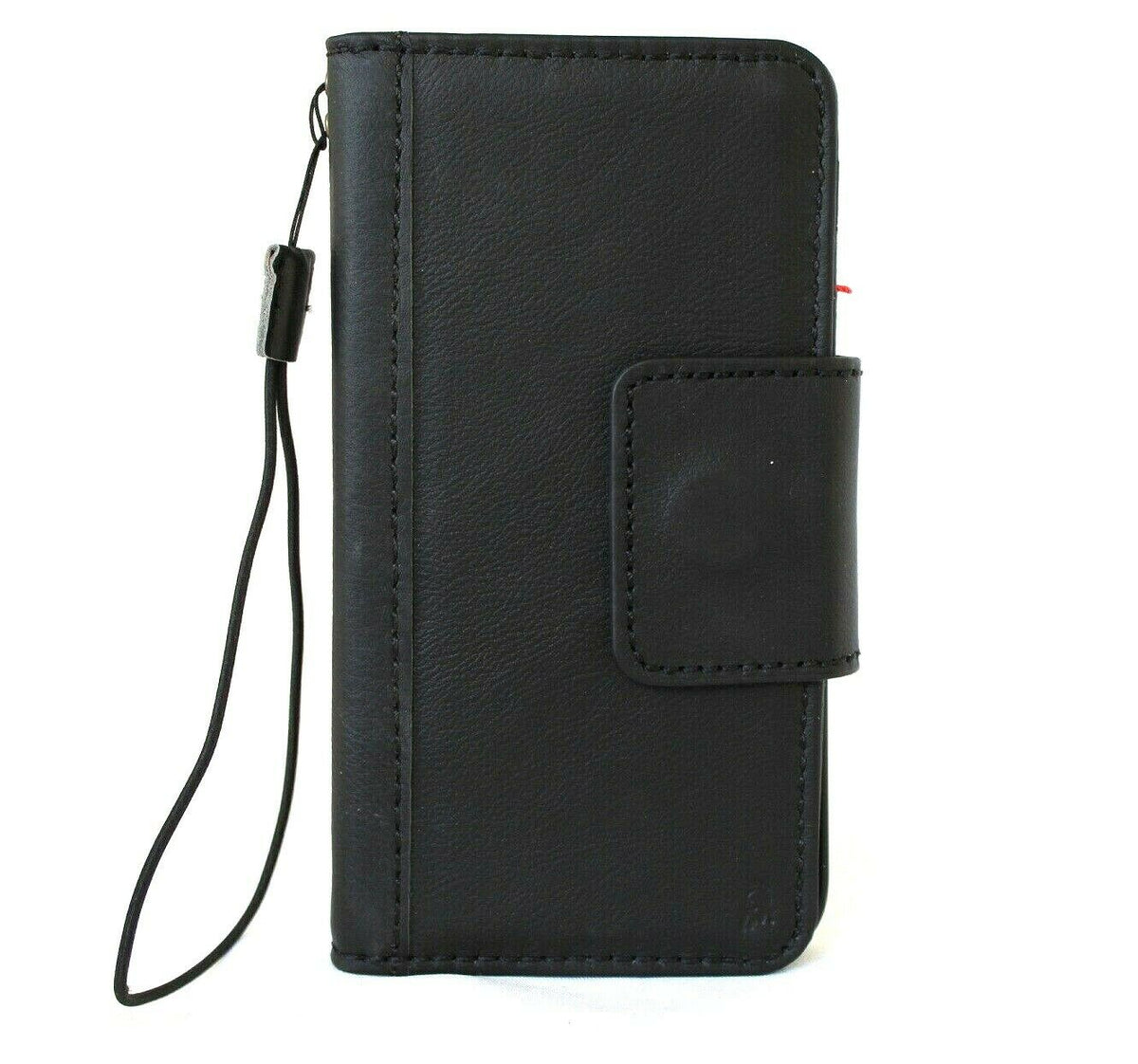 Handmade black leather Apple iPhone 12 Pro case with vintage book-style design, soft magnetic closure, and credit card slots by DAVISCASE.
