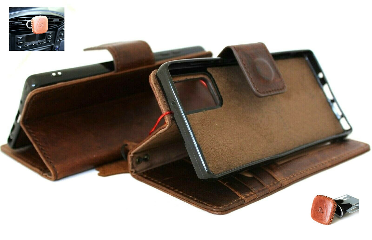 Genuine dark leather Samsung Galaxy Note 20 wallet case with ID window, magnetic stand, removable cards, and slim design by DAVISCASE