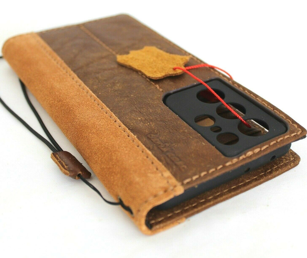 Genuine leather wallet case for Samsung Galaxy S21 Ultra 5G by DAVISCASE with card slots, ID window, suede interior, and wireless charging support
