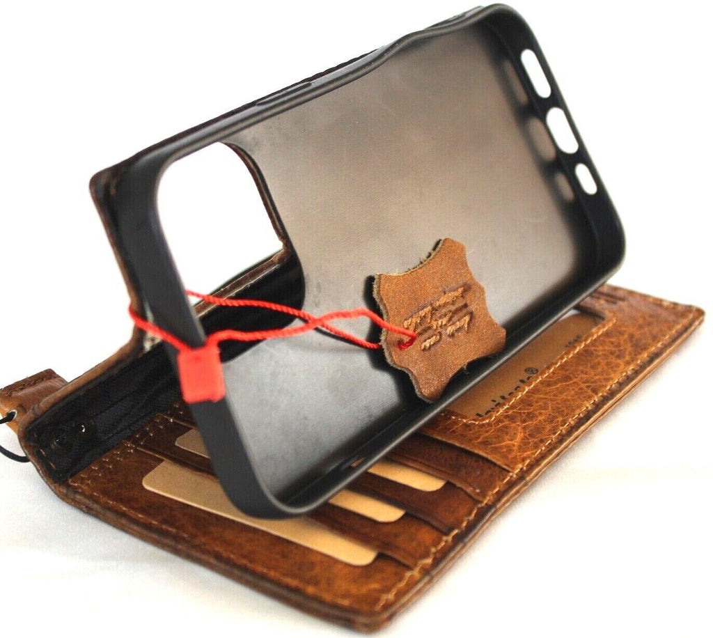 Handmade DAVISCASE genuine leather phone case with vintage tan finish, credit card slots, for iPhone 11-16 Pro Max, stylish and durable.