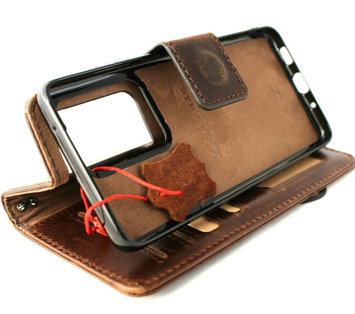Genuine leather Samsung Galaxy Note 20 Ultra case by DAVISCASE with wallet slots, removable holder, rubber window, and wireless charging.