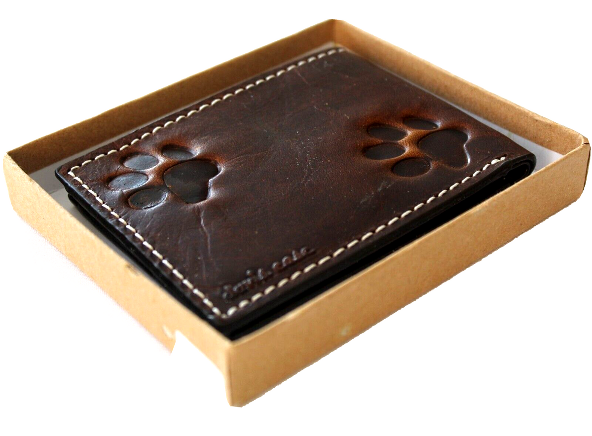 Men's genuine leather wallet by DAVISCASE with credit card slots and bill compartment, featuring a brown color and dog paw design.