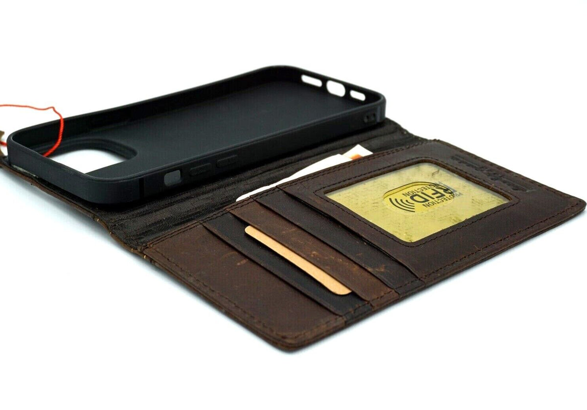Handcrafted genuine leather wallet case for iPhone 11-15 Pro Max with card slots, vintage style, full grain leather, DAVISCASE.