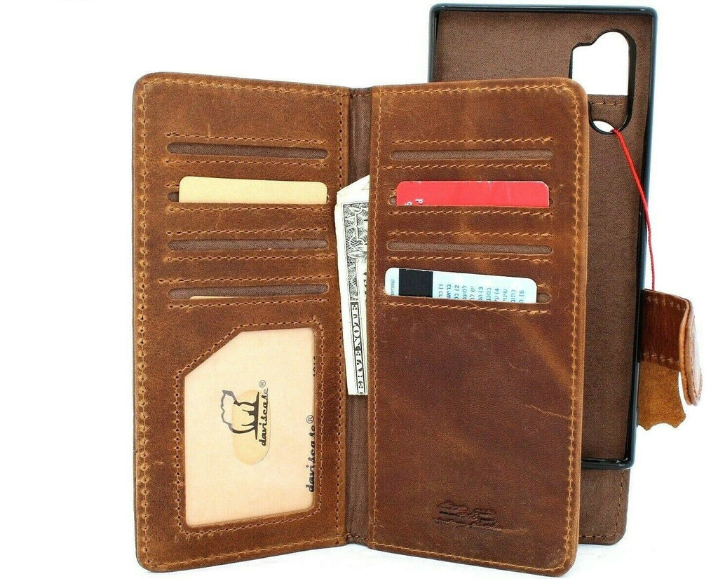 Genuine full leather wallet case for Samsung Galaxy Note 10 Plus with luxury slots, magnetic closure, and removable rubber window.