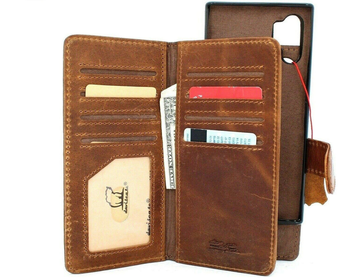 Genuine full leather wallet case for Samsung Galaxy Note 10 Plus with luxury slots, magnetic closure, and removable rubber window.