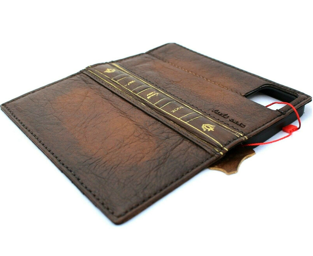 Handmade DavisCase genuine leather iPhone 12 case with vintage book design, credit card slots, soft full grain leather cover.