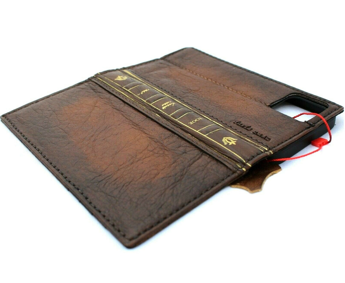 Handmade DavisCase genuine leather iPhone 12 case with vintage book design, credit card slots, soft full grain leather cover.