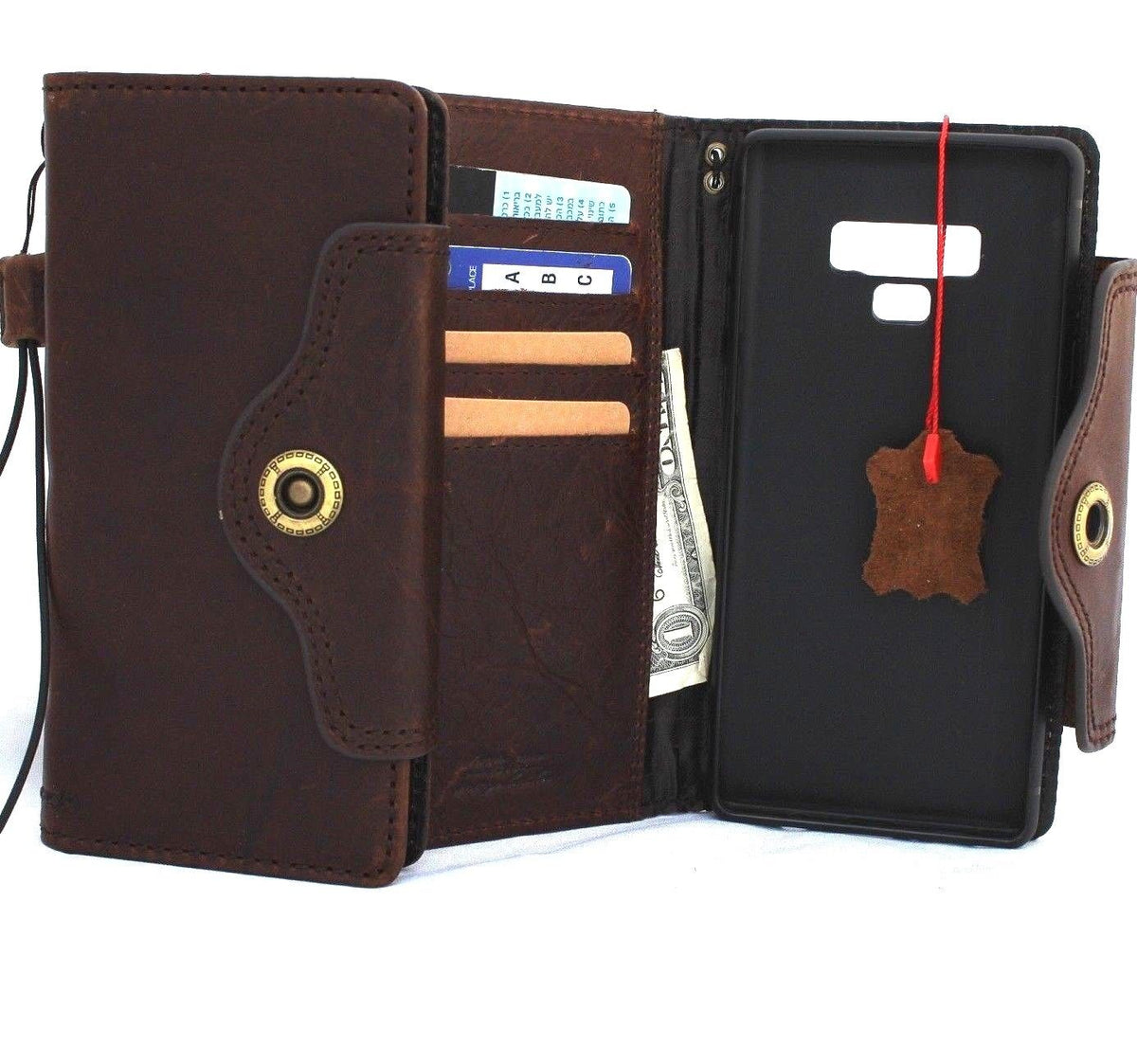 Vintage leather wallet case for Samsung Galaxy Note 9 by DAVISCASE, with card slots and handmade art design, rubber closure.