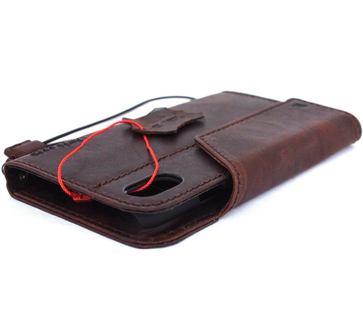 Dark brown genuine leather iPhone X wallet case with magnet closure, card slots, slim vintage design, handmade by Daviscase.