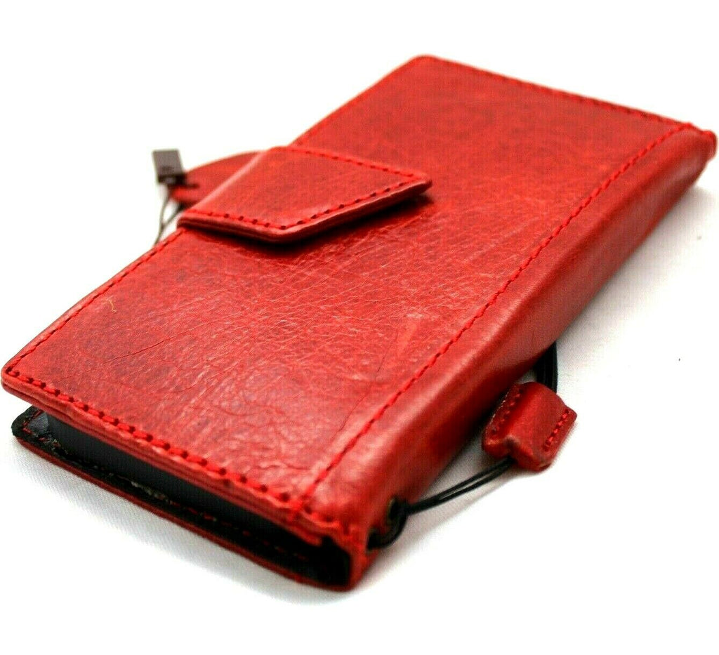 Genuine red leather iPhone 12 Mini wallet case with magnetic closure, slim soft cover, handmade by DAVISCASE.