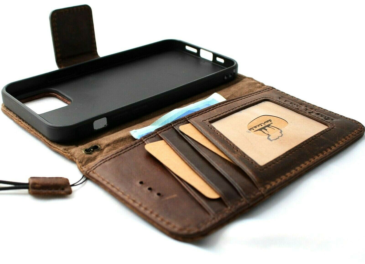 DavisCase genuine soft dark leather iPhone 12 Pro case with vintage book wallet design, ID window, card slots, and magnetic closure.