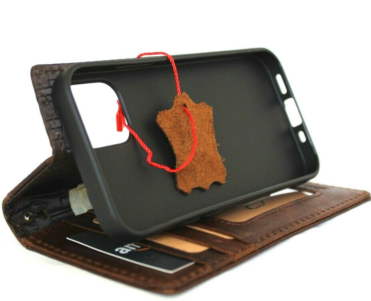Handmade vintage leather iPhone 12 Mini case with wallet design, ID window, and credit card slots by DAVISCASE.