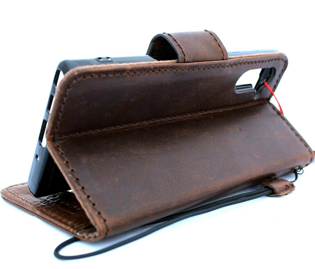 Handmade genuine leather Samsung Galaxy Note 10 wallet case with window, slim stand, and removable cover featuring rubber accents.