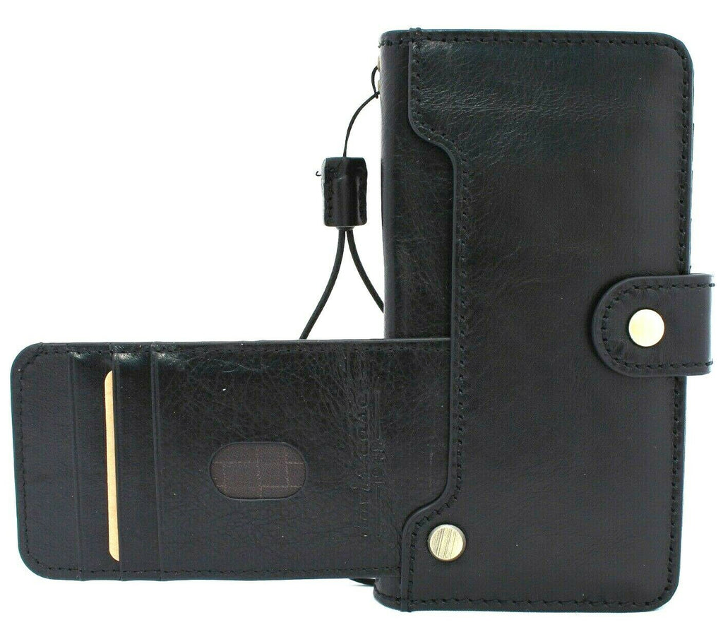 Genuine black leather Samsung Galaxy S20 case with ID window wallet, handmade DavisCase rubber holder, designed for wireless charging.