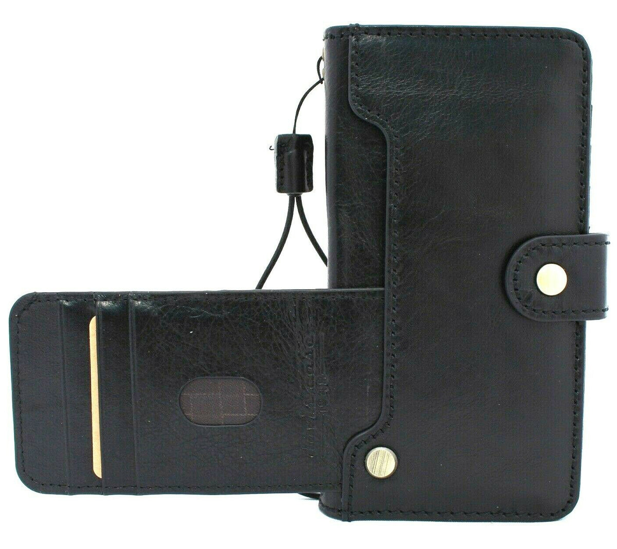 Genuine black leather Samsung Galaxy S20 case with ID window wallet, handmade DavisCase rubber holder, designed for wireless charging.