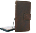 Dark brown genuine leather Samsung Galaxy Note 10 case with wallet slots, removable holder, rubber stand, and magnetic closure.
