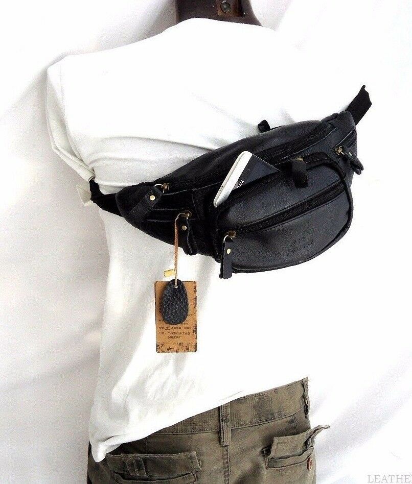 Black genuine vintage leather men's wallet bag and waist pouch, featuring a sling design with coin pocket and cellphone compartment.
