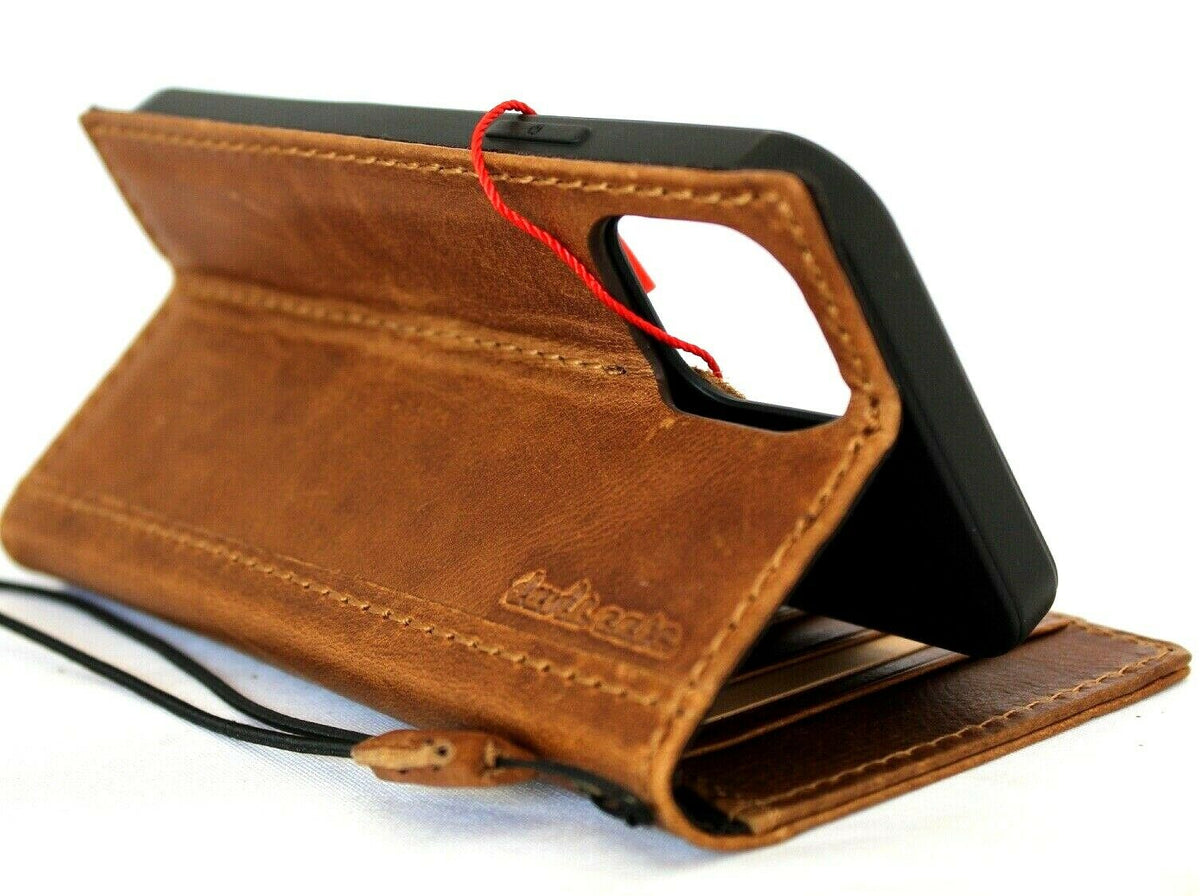 Genuine tan leather iPhone 12 Pro case by DAVISCASE with ID window, credit card slots, vintage style, soft slim full grain leather.