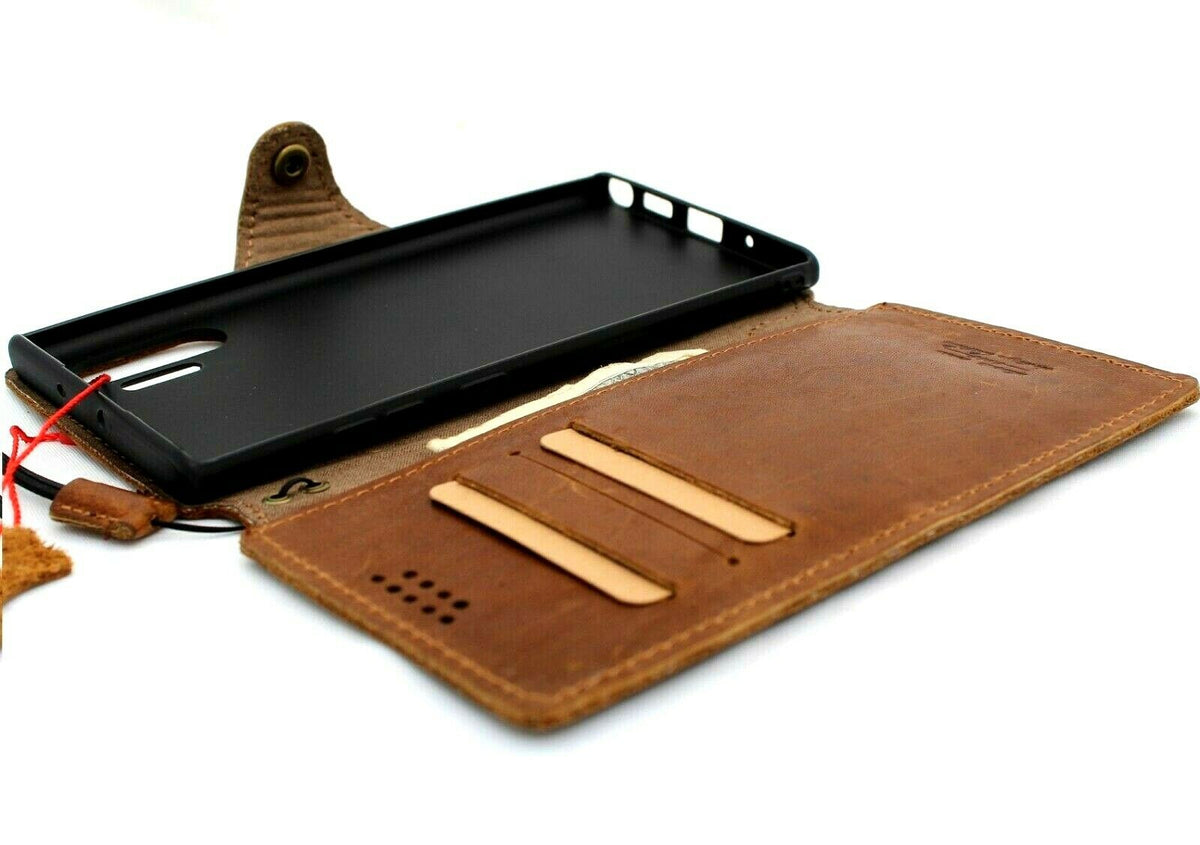 Genuine vintage tan leather Samsung Galaxy Note 10 Plus wallet case with card slots, rubber stand, slim design, and wireless charging.