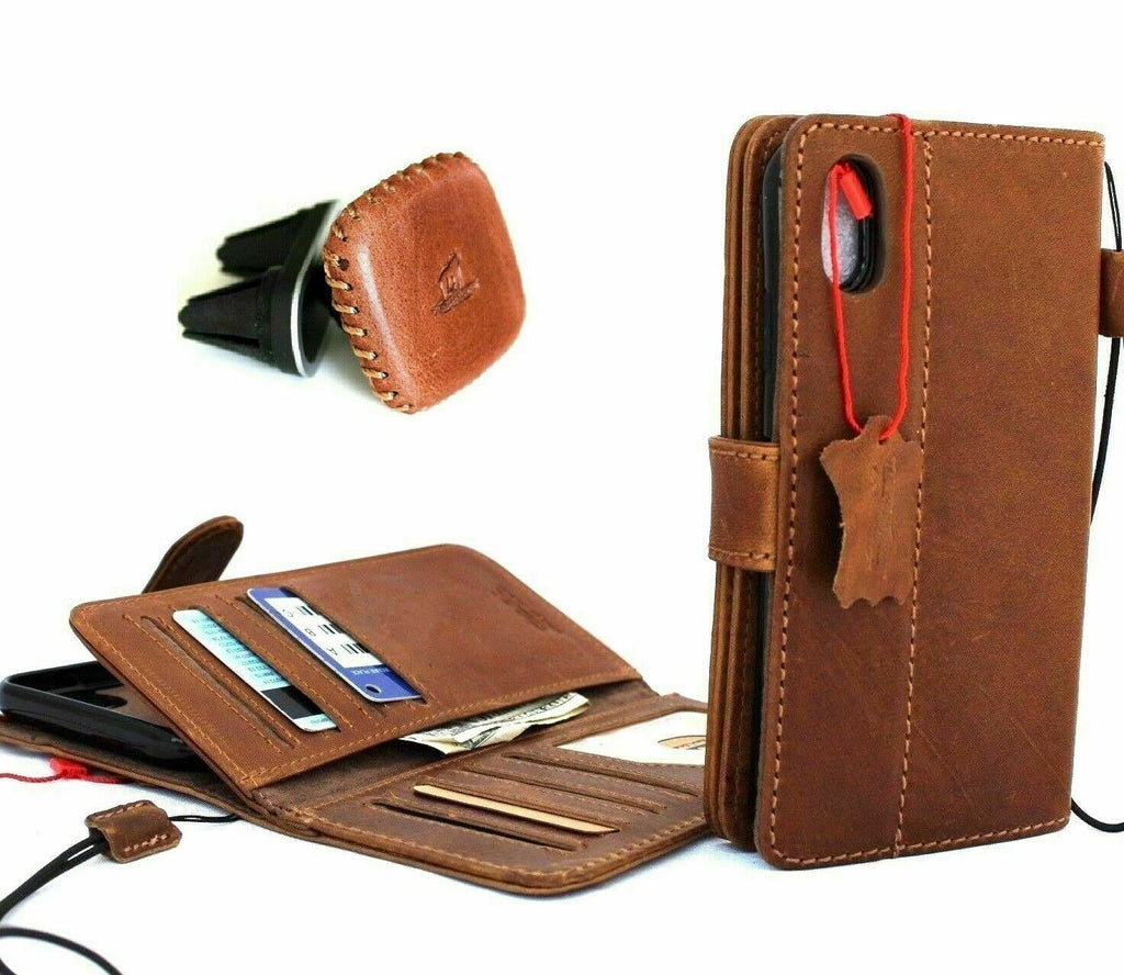 Genuine leather Samsung Galaxy Note 10 case by DAVISCASE with wallet features, magnetic closure, stand, and car holder in tan color.