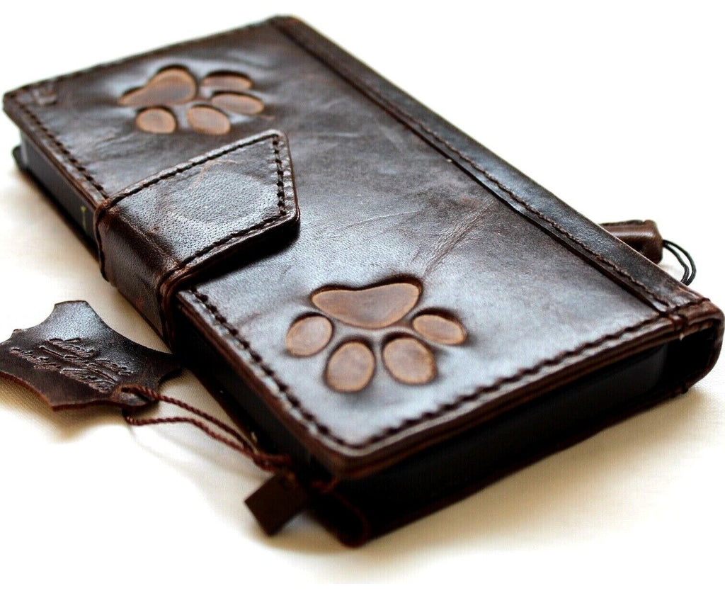 Handmade genuine leather phone case for iPhone 11-15 Pro Max and more, featuring vintage dog paw design, credit card slots, and full grain leather.