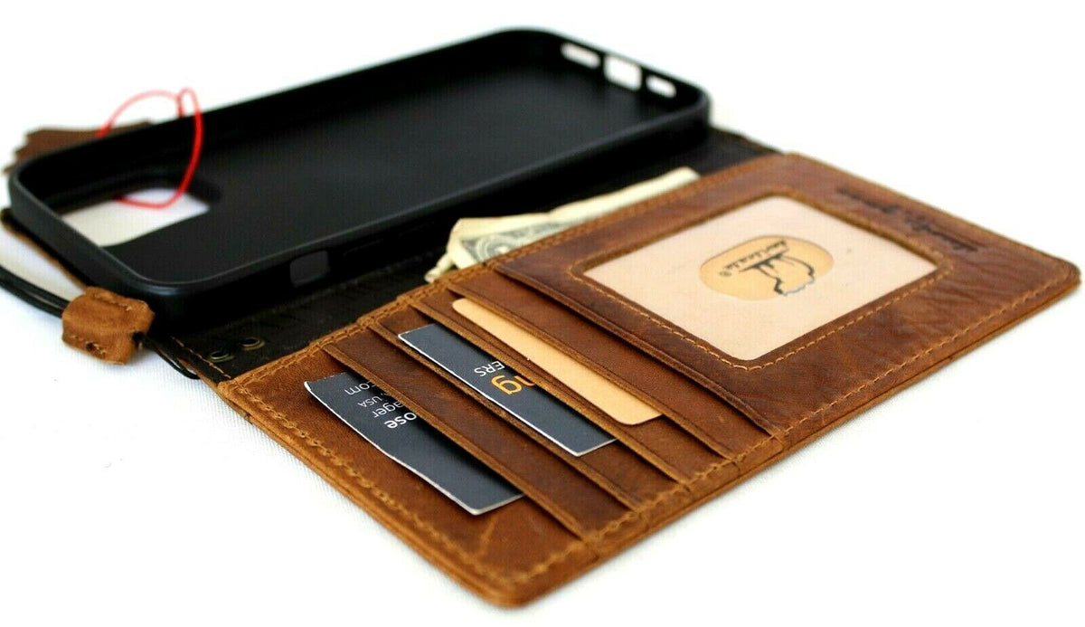 Leather phone case for iPhone 12 Pro Max, vintage full grain tan leather with ID window and credit card slots by DAVISCASE