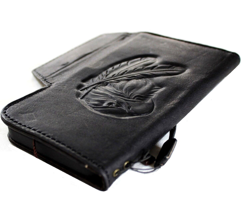Handmade leather phone case for iPhone 11-15 Pro Max, vintage style with ID window, credit card slots, and soft full grain black leather.