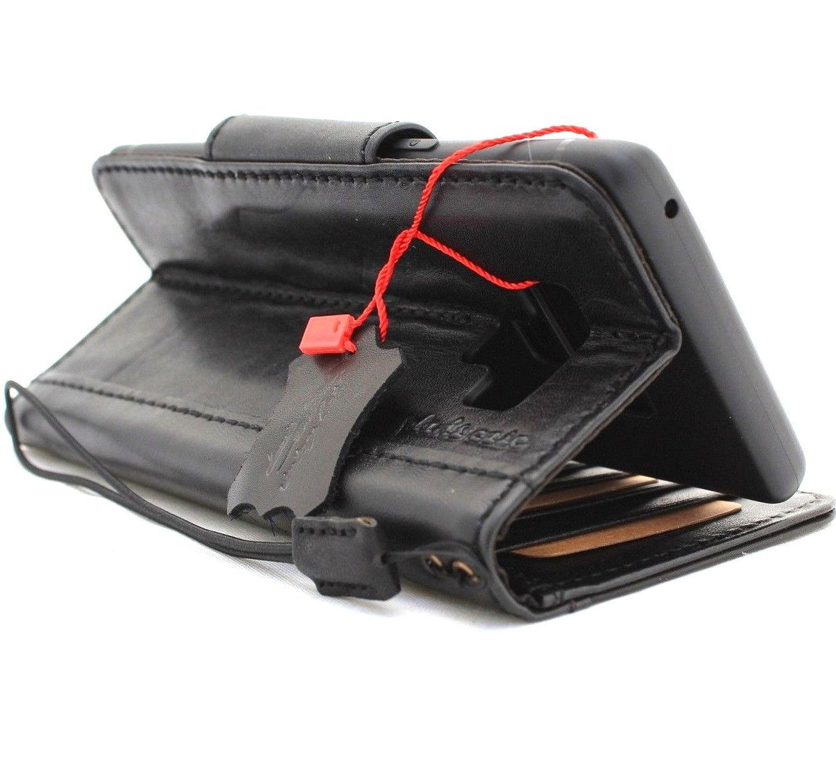 Black genuine vintage leather Samsung Galaxy Note 9 book wallet case with card slots, magnetic closure, slim rubber holder.