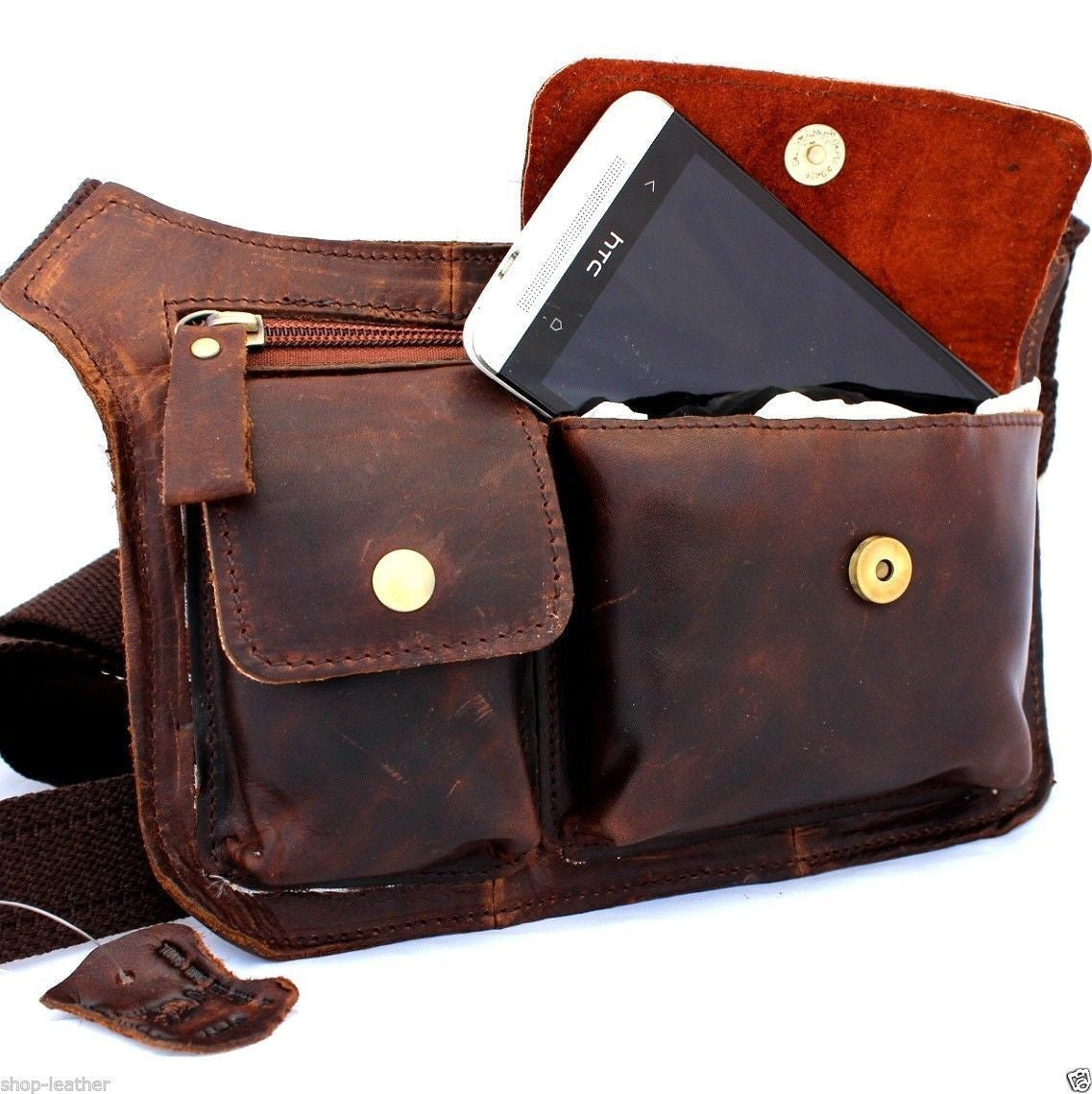 Genuine dark brown leather shoulder wallet bag for men and women, DAVISCASE crossbody waist pouch with compact design.