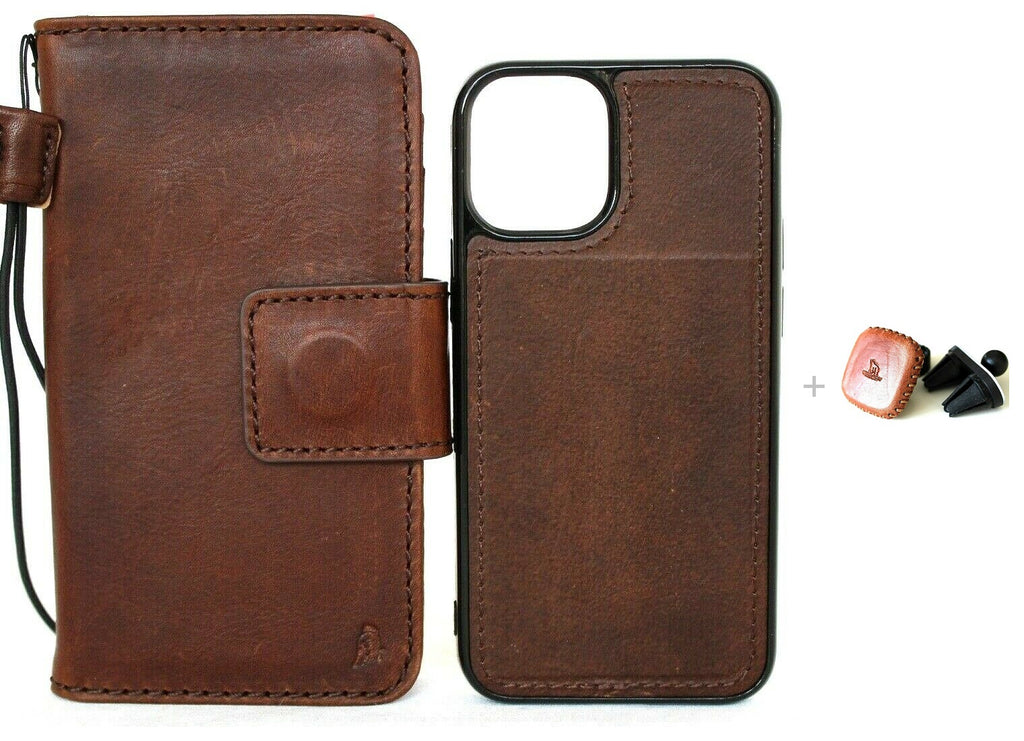 DavisCase genuine dark leather iPhone 12 Mini book wallet case with credit card slots, soft closure, and magnetic removable cover.
