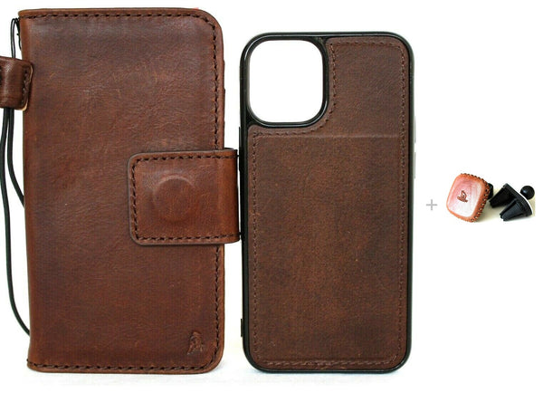 Genuine Full Dark Leather Case For Apple iPhone 12 Mini Book Wallet Vintage Style Credit Cards Slots Soft Closure Cover Full Grain Magnetic Removable Cover + Magnetic Car Holder Davis