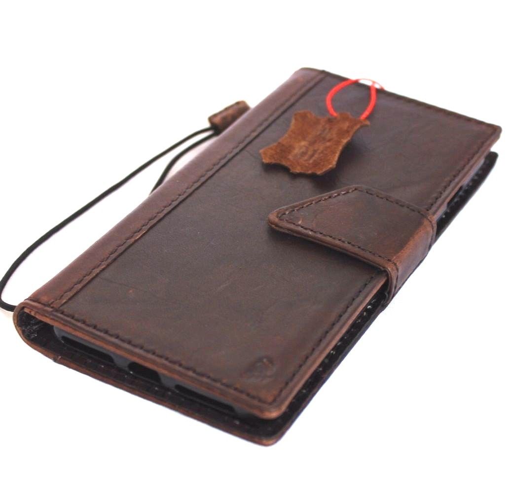 Brown genuine leather iPhone 8 Plus wallet case with card slots, magnetic closure, slim vintage style by DAVISCASE.