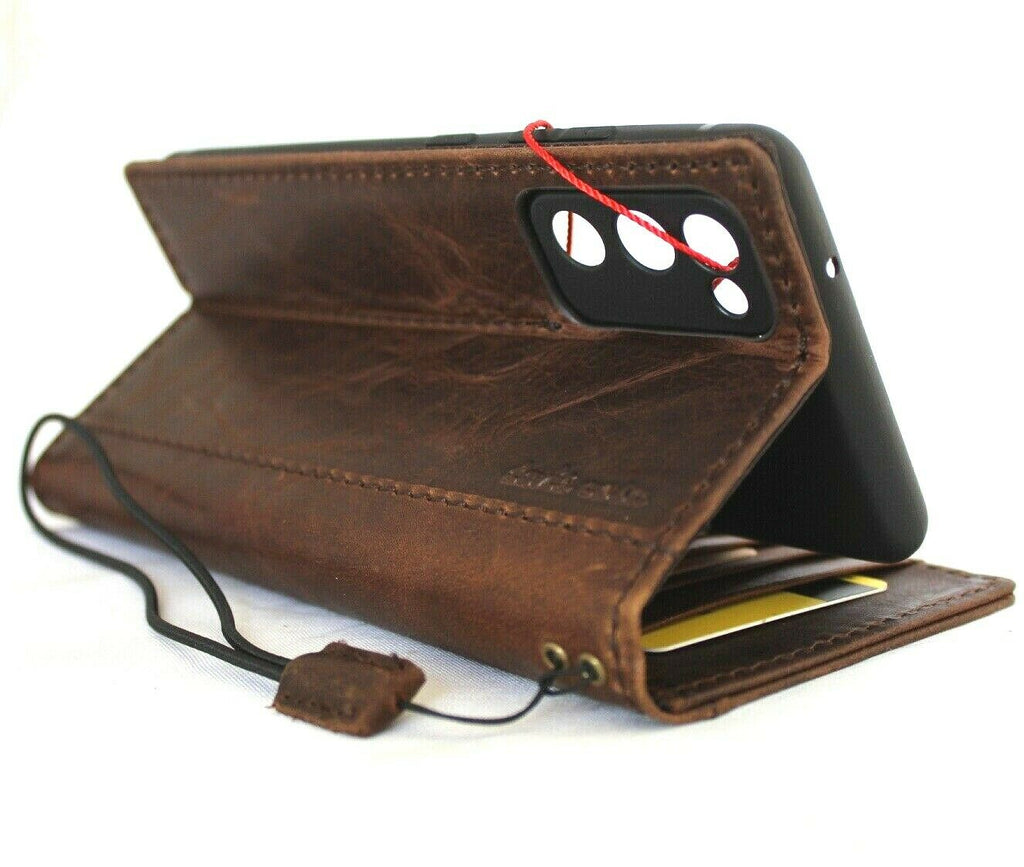 DavisCase genuine dark leather Galaxy S20 FE book wallet cover with card slots, soft rubber edges, and wireless charging compatibility.