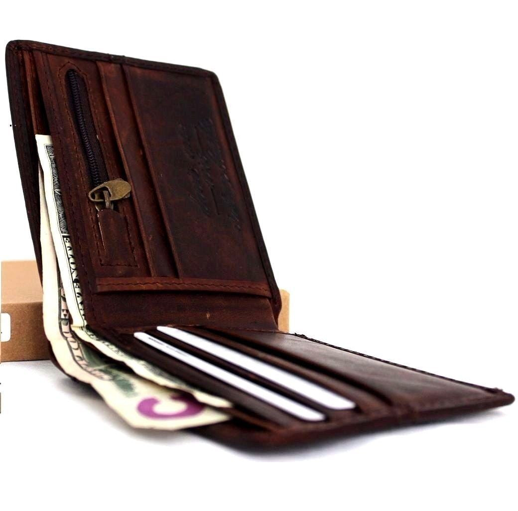 Vintage men's leather wallet by DAVISCASE with 7 card slots, ID window, coin pocket, and bill compartment in natural brown leather.