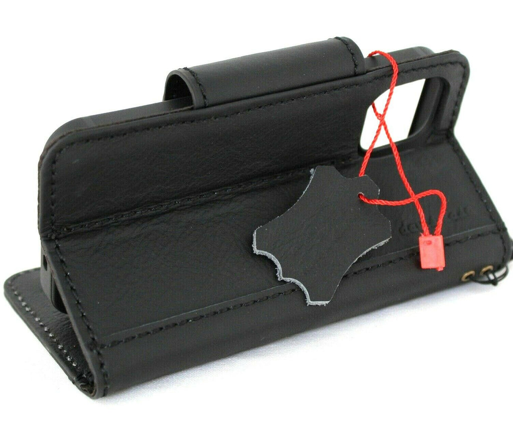Genuine black leather iPhone 12 Mini book wallet case with vintage style, soft magnetic closure, credit card slots, by DAVISCASE