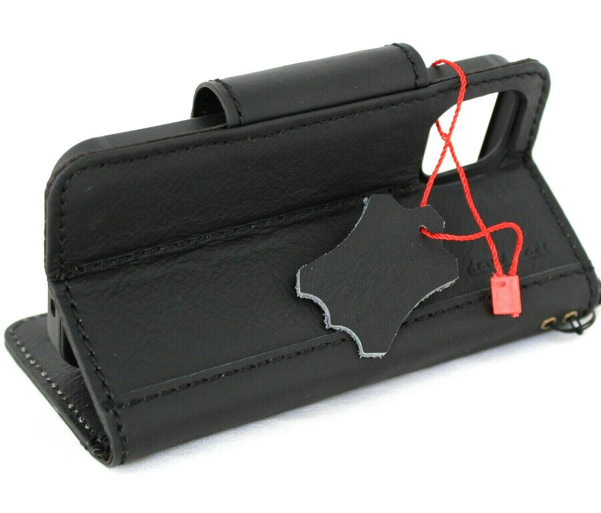Genuine black leather iPhone 12 Mini book wallet case with vintage style, soft magnetic closure, credit card slots, by DAVISCASE