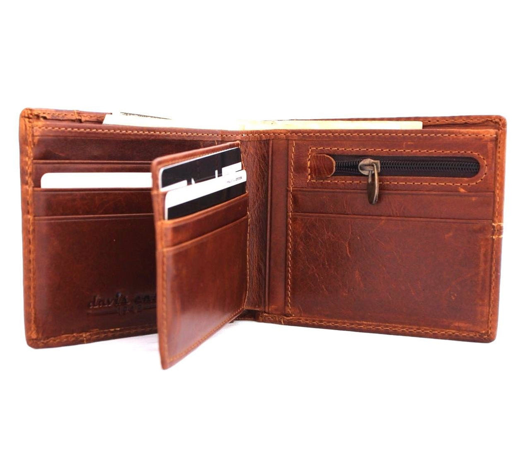 Men's full leather wallet by DAVISCASE featuring 8 credit card slots, 1 ID window, and 2 bill sections in tan leather.