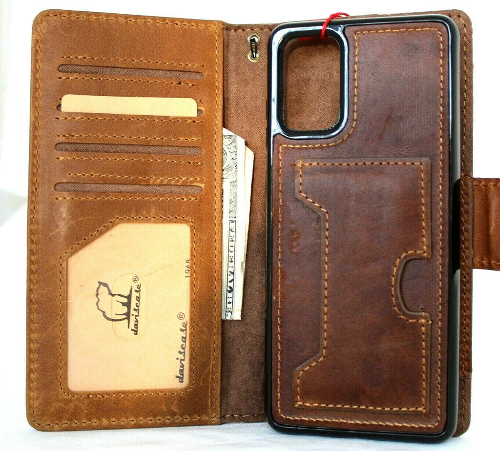 DavisCase full leather wallet case for Samsung Galaxy S20 Plus with soft tan finish, removable slots, rubber window, and wireless charging.