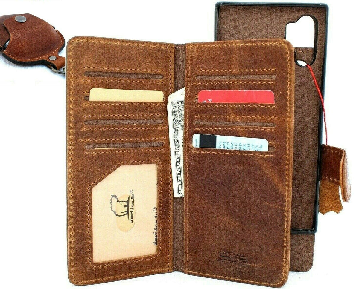 Vintage genuine leather Samsung Galaxy Note 10 Plus wallet case with slots, magnetic closure, rubber stand, window, and detachable AirPods holder.