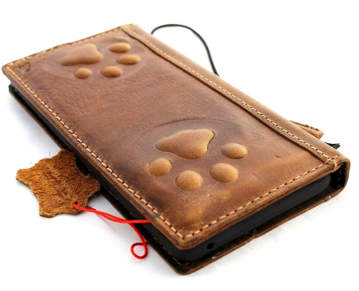 Handmade genuine leather phone case for Samsung Galaxy S22, S21, S20, Note 10, A51, A71, A13, and A12 featuring wallet and paw dog design.