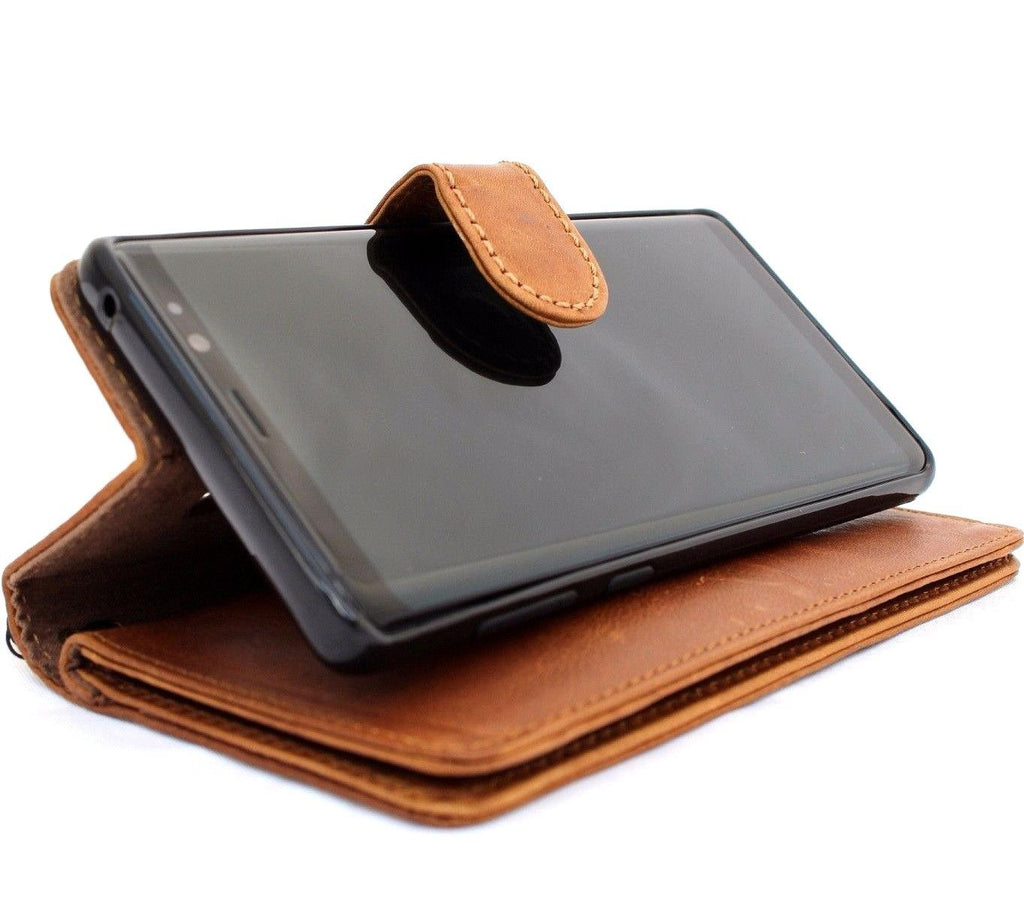 Genuine leather Samsung Galaxy S10 wallet case by DAVISCASE with card slots, rubber window, slim design, magnetic closure, and detachable cover.