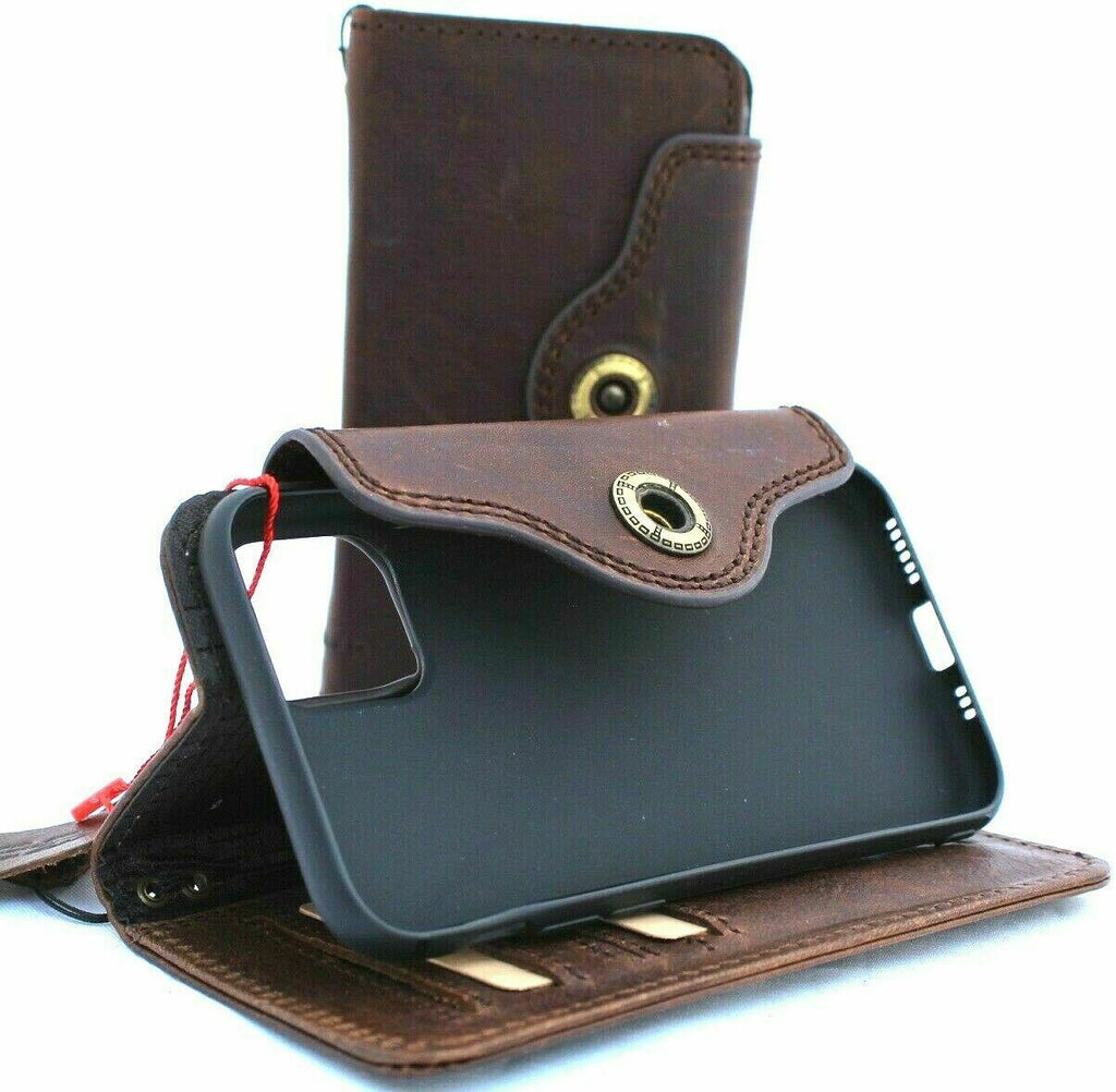 Vintage-style genuine leather wallet case by DAVISCASE for iPhone 13 to 17 Pro Max and SE, full grain leather, handcrafted.