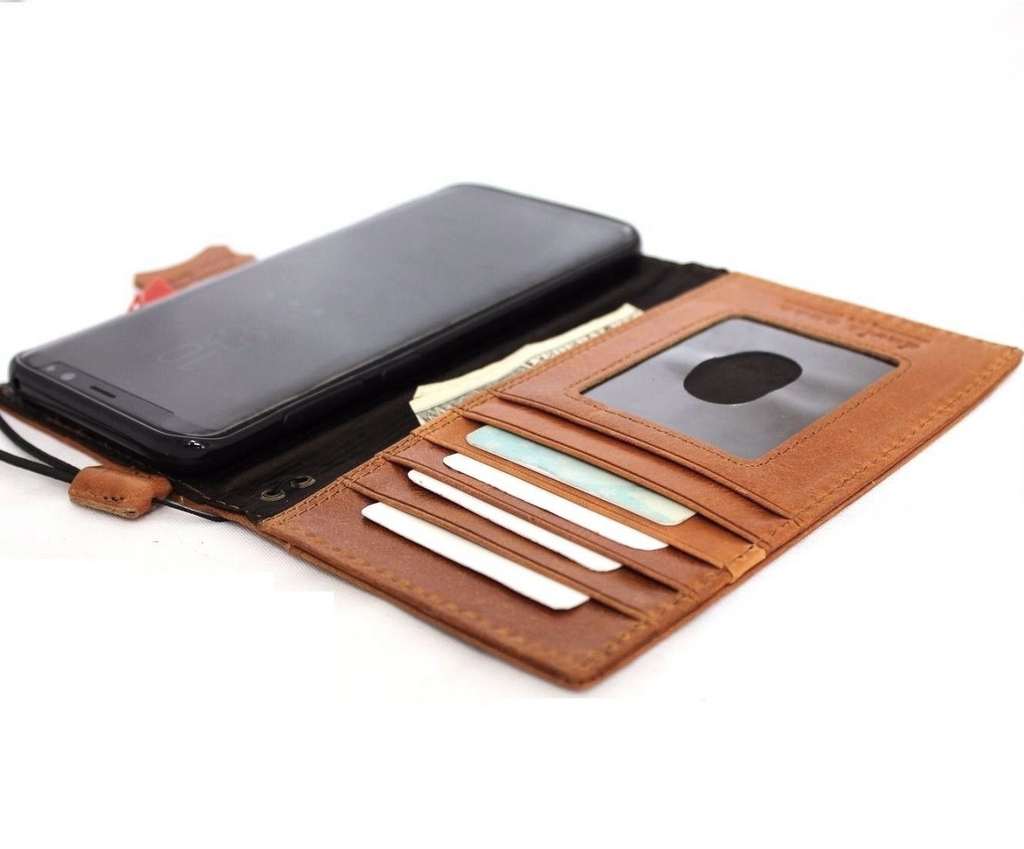 Handmade light brown leather wallet case for Samsung Galaxy S8 Plus, slim vintage book-style phone cover.