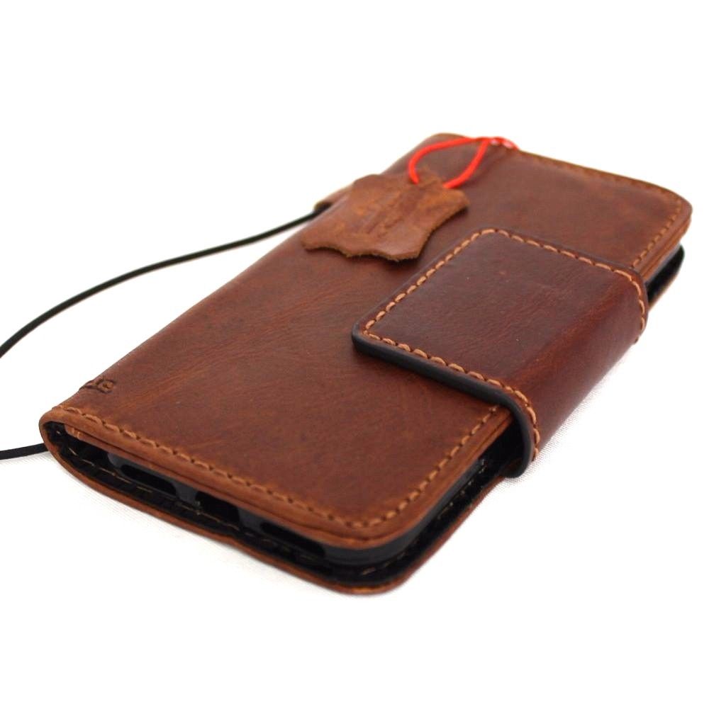 Genuine full leather iPhone 8 case with wallet card slots, magnetic closure, slim design, compatible with wireless charging.
