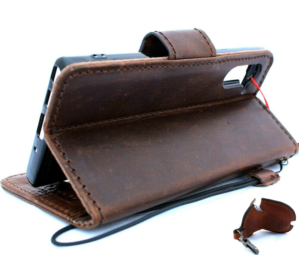 Genuine full leather Samsung Galaxy Note 10 soft book wallet case with removable strap and AirPods 2 holder, handmade leather design.