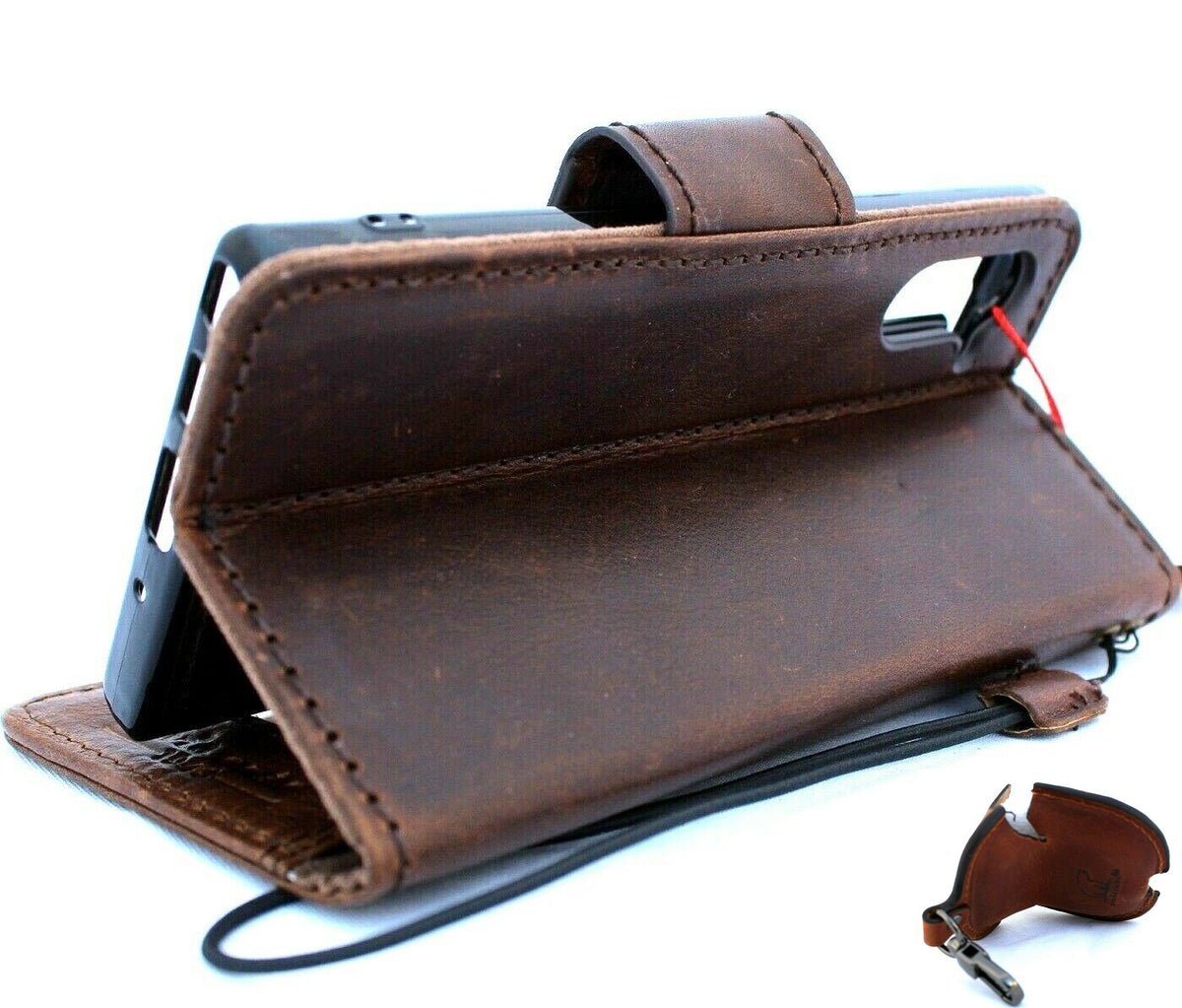Genuine full leather Samsung Galaxy Note 10 soft book wallet case with removable strap and AirPods 2 holder, handmade leather design.