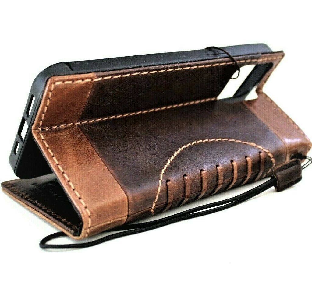 Handmade DAVISCASE genuine leather phone wallet case for iPhone 11-15 Pro Max with ID window, credit card slots, vintage style.