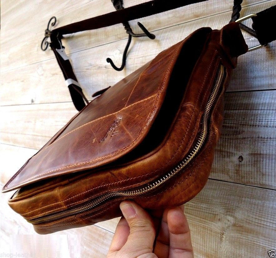 Genuine buffalo leather men's shoulder bag with vintage crossbody design, suitable for tablets like iPad 11.